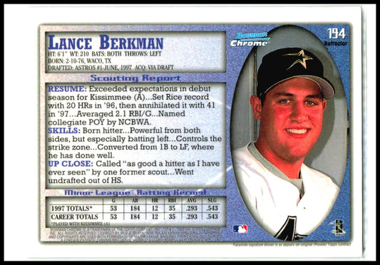 1998 Bowman Chrome International Refractors #194 Lance Berkman Houston Astros