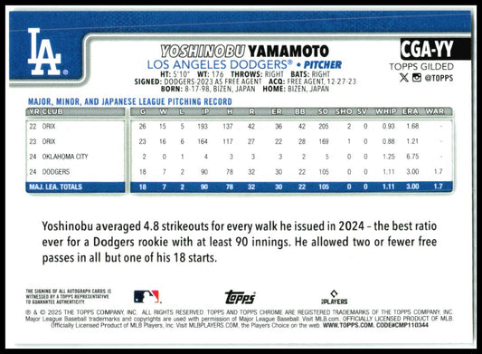 2024 Topps Gilded Chrome Auto Rose Gold #/25 #CGA-YY Yoshinobu Yamamoto Auto
