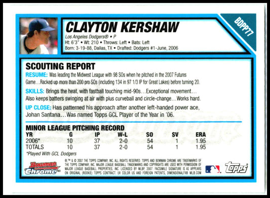 2007 Bowman Draft Picks & Prospects Chrome Prospects #BDPP77 Clayton Kershaw
