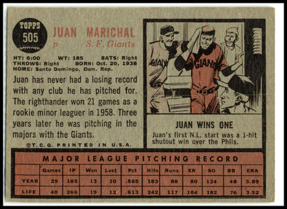 1962 Topps #505 Juan Marichal San Francisco Giants