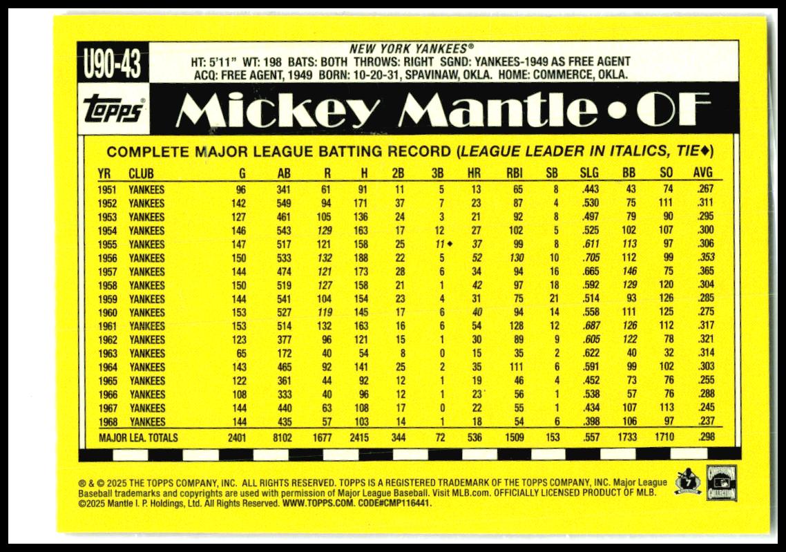 2025 Topps Update 1990 Topps 35th Anniversary #U90-43 Mickey Mantle Yankees