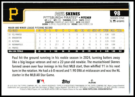 2025 Topps #98 Paul Skenes Pittsburgh Pirates