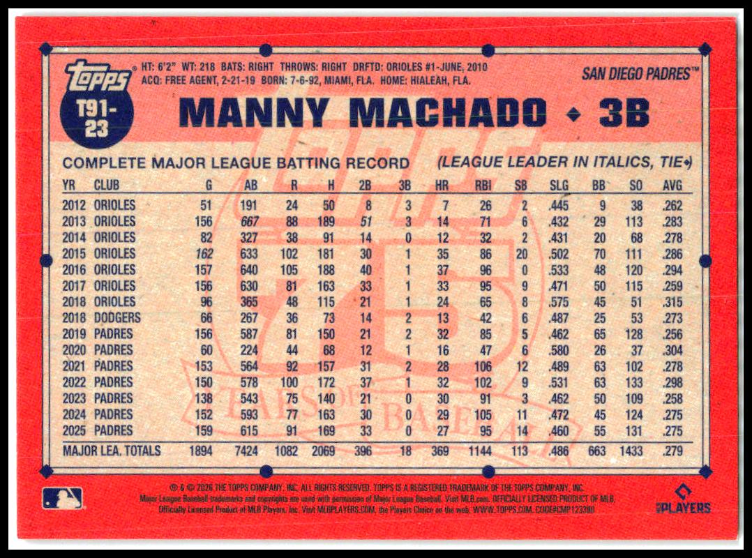 2026 Topps 1991 Topps 35th Red Crackle Foil #/5 #T91-23 Manny Machado Padres