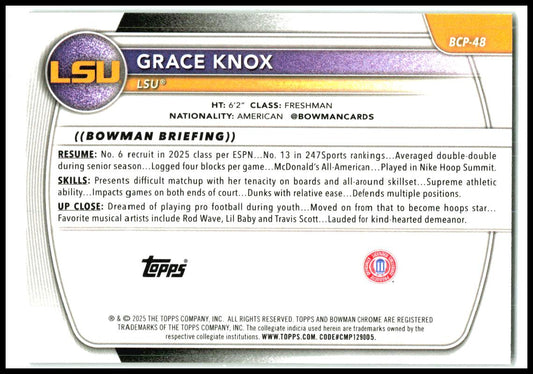 2025-26 Bowman Chrome Prospects Reptilian Green Refractor #BCP-48 Grace Knox LSU