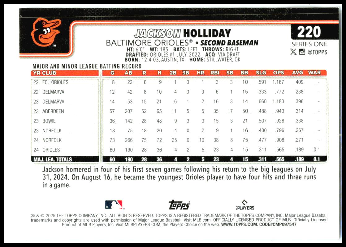2025 Topps #220 Jackson Holliday Baltimore Orioles