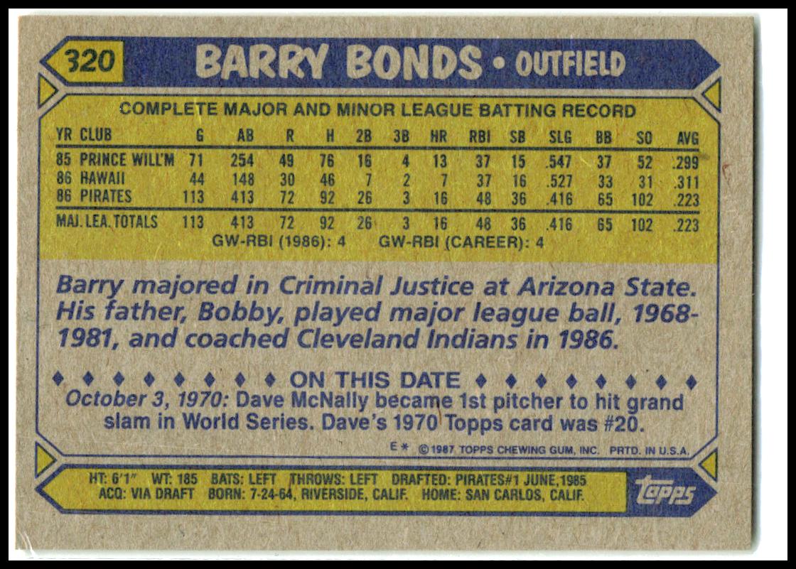 1987 Topps #320 Barry Bonds Rookie Pittsburgh Pirates