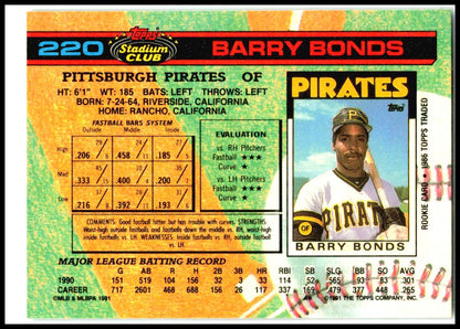 1991 Stadium Club #220 Barry Bonds Pittsburgh Pirates
