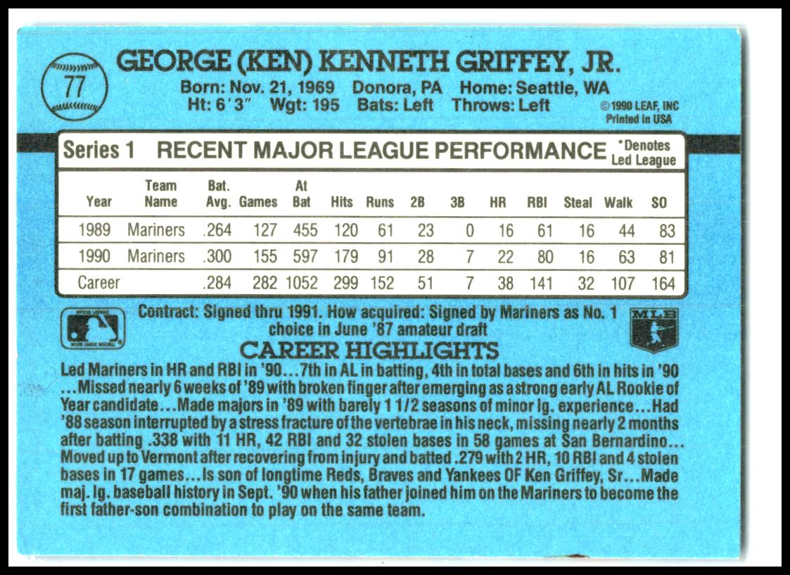 1991 Donruss #77 Ken Griffey Jr. Seattle Mariners
