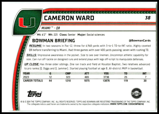 2024 Bowman University Chrome #38 Cameron Ward Miami Hurricanes
