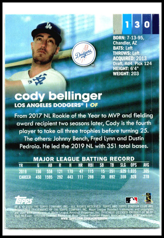 2020 Stadium Club Photo Variation #130 Cody Bellinger Los Angeles Dodgers