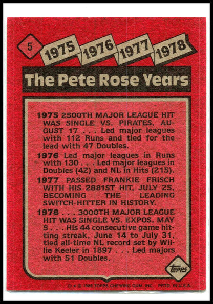 1986 Topps #5 The Pete Rose Years: 1975-1978 TPRY Cincinnati Reds