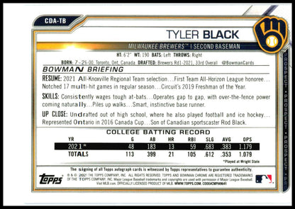 2021 Bowman Draft Chrome Auto Blue Wave #/50 #CDA-TB Tyler Black Auto Brewers