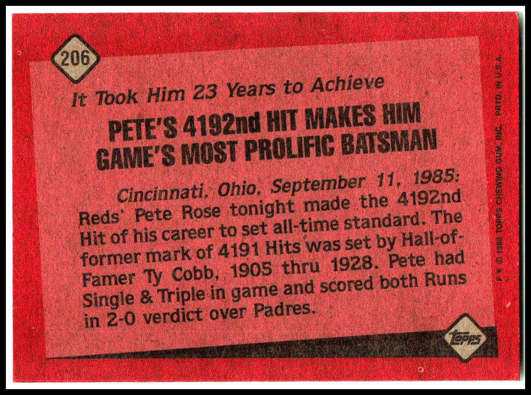 1986 Topps #206 Pete Rose Cincinnati Reds