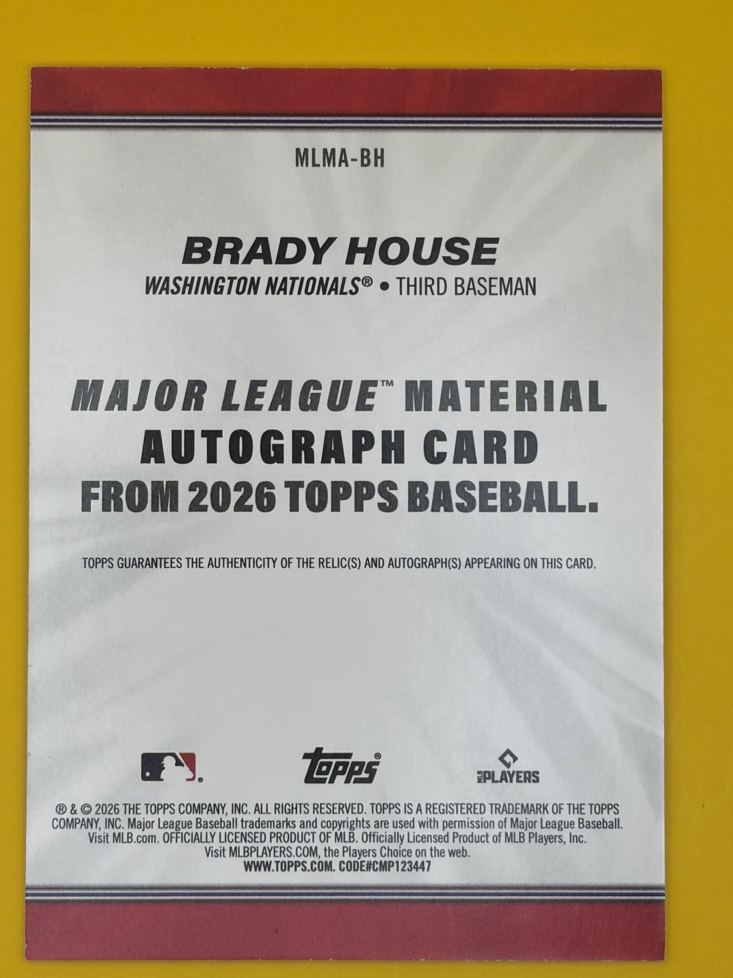 2026 Topps Major League Materials Auto #MLMA-BH Brady House Auto Nationals