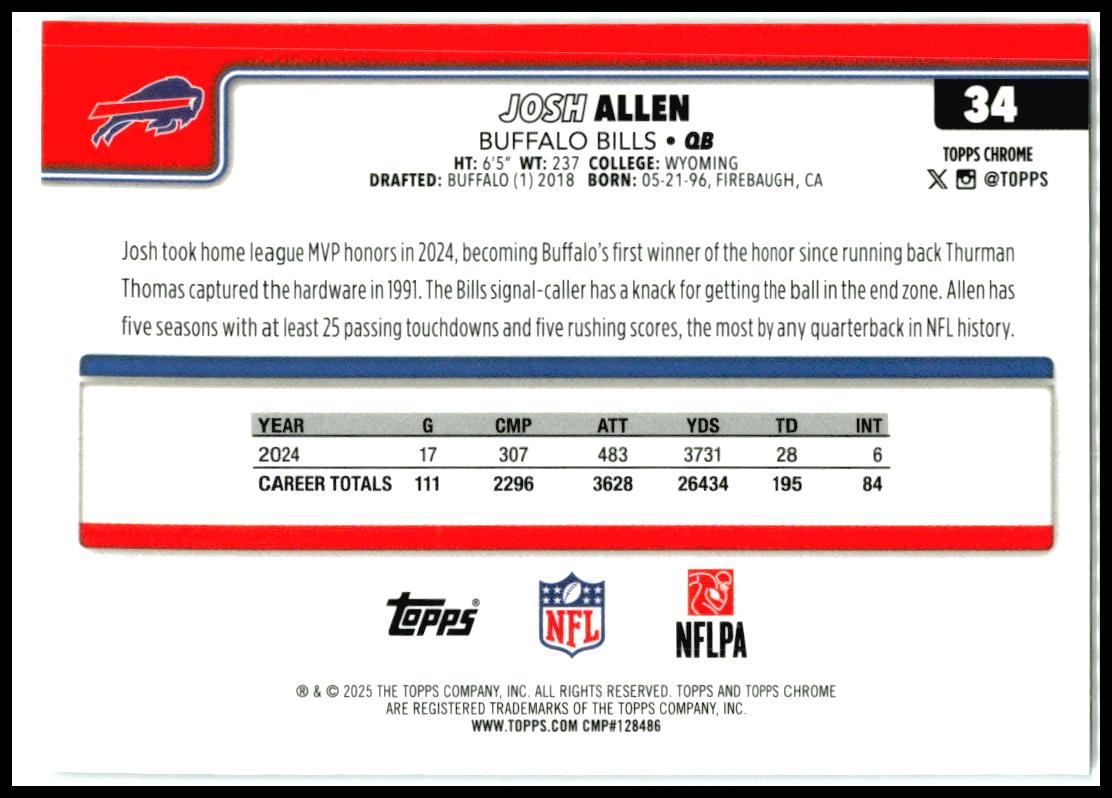 2025 Topps Chrome Image Variation #34 Josh Allen Buffalo Bills