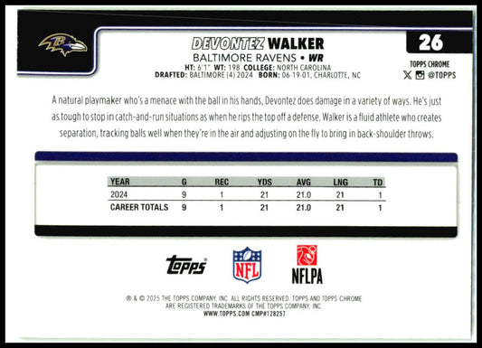2025 Topps Chrome Yellow Pink X-Fractor #26 Devontez Walker Baltimore Ravens