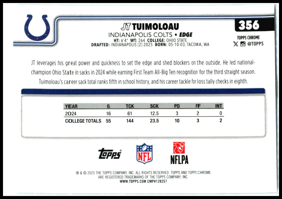 2025 Topps Chrome X-Fractor #356 JT Tuimoloau Rookie Indianapolis Colts