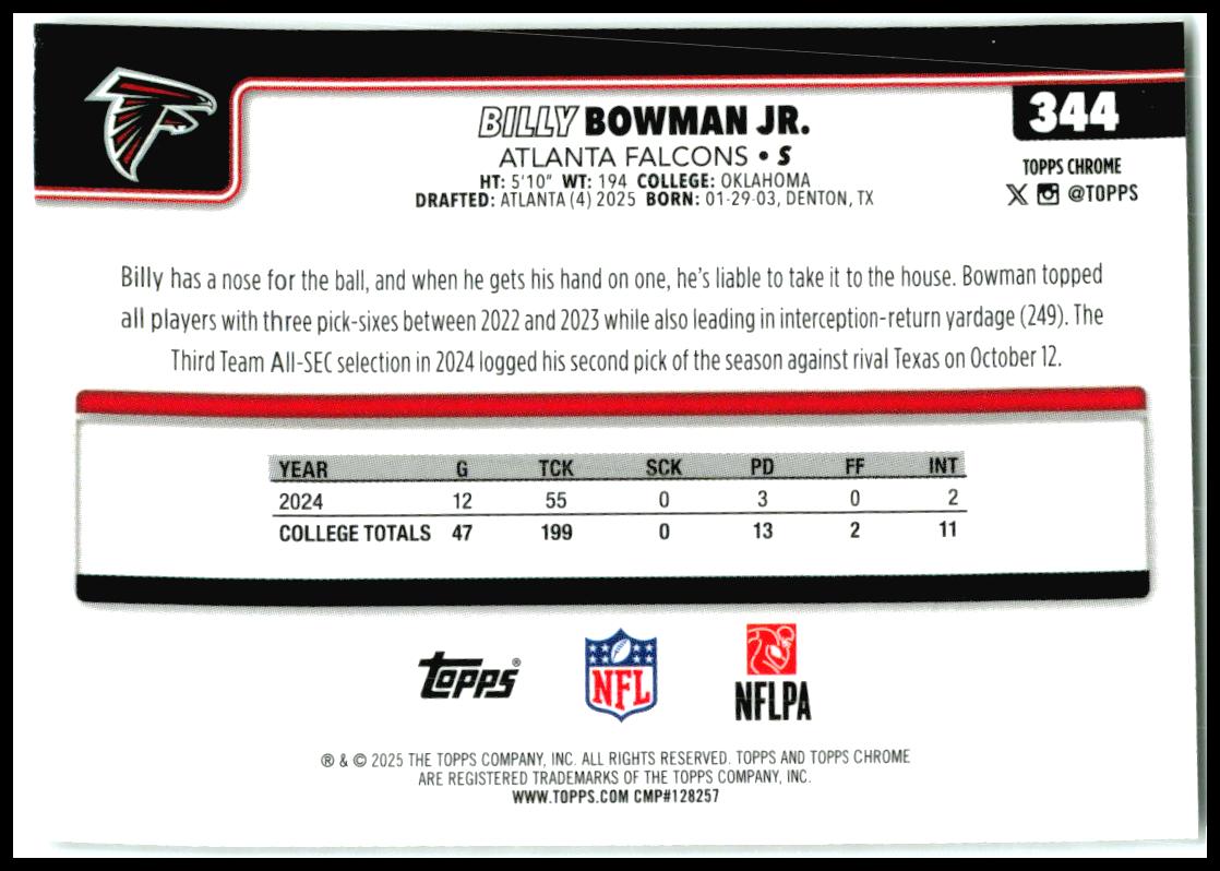 2025 Topps Chrome X-Fractor #344 Billy Bowman Jr. Rookie Atlanta Falcons