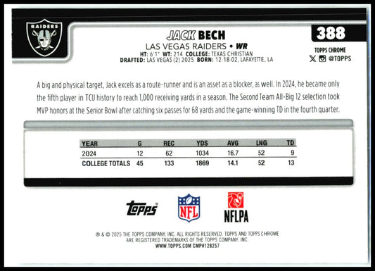 2025 Topps Chrome X-Fractor #388 Jack Bech Rookie Las Vegas Raiders