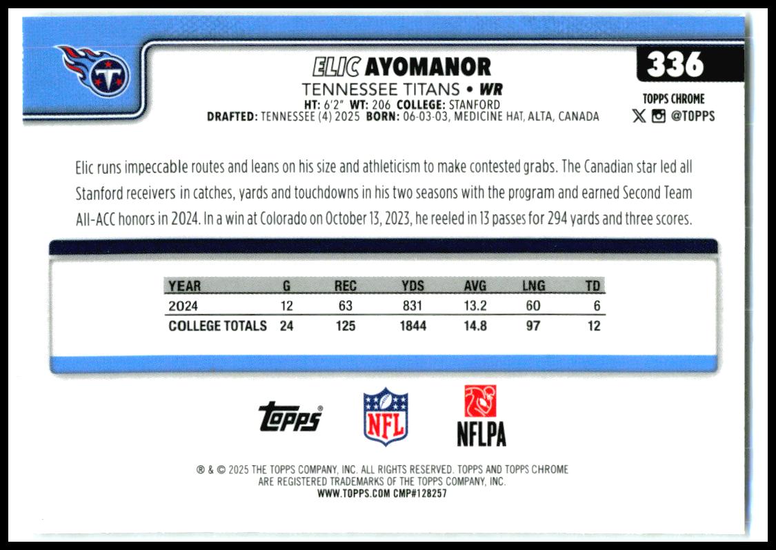 2025 Topps Chrome X-Fractor #336 Elic Ayomanor Rookie Tennessee Titans