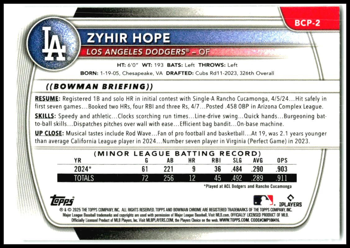2025 Bowman Chrome #BCP-2 Zyhir Hope Los Angeles Dodgers