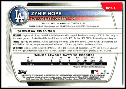 2025 Bowman Chrome #BCP-2 Zyhir Hope Los Angeles Dodgers