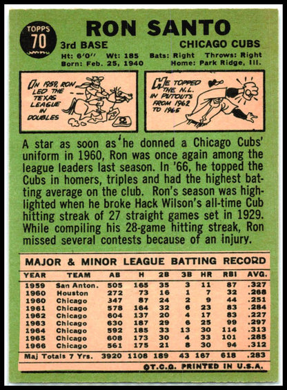 1967 Topps #70 Ron Santo Chicago Cubs