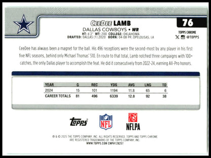 2025 Topps Chrome Green Wave Refractor #76 CeeDee Lamb Dallas Cowboys