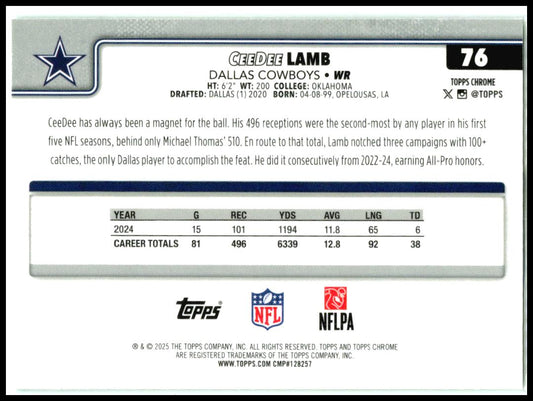 2025 Topps Chrome Green Wave Refractor #76 CeeDee Lamb Dallas Cowboys