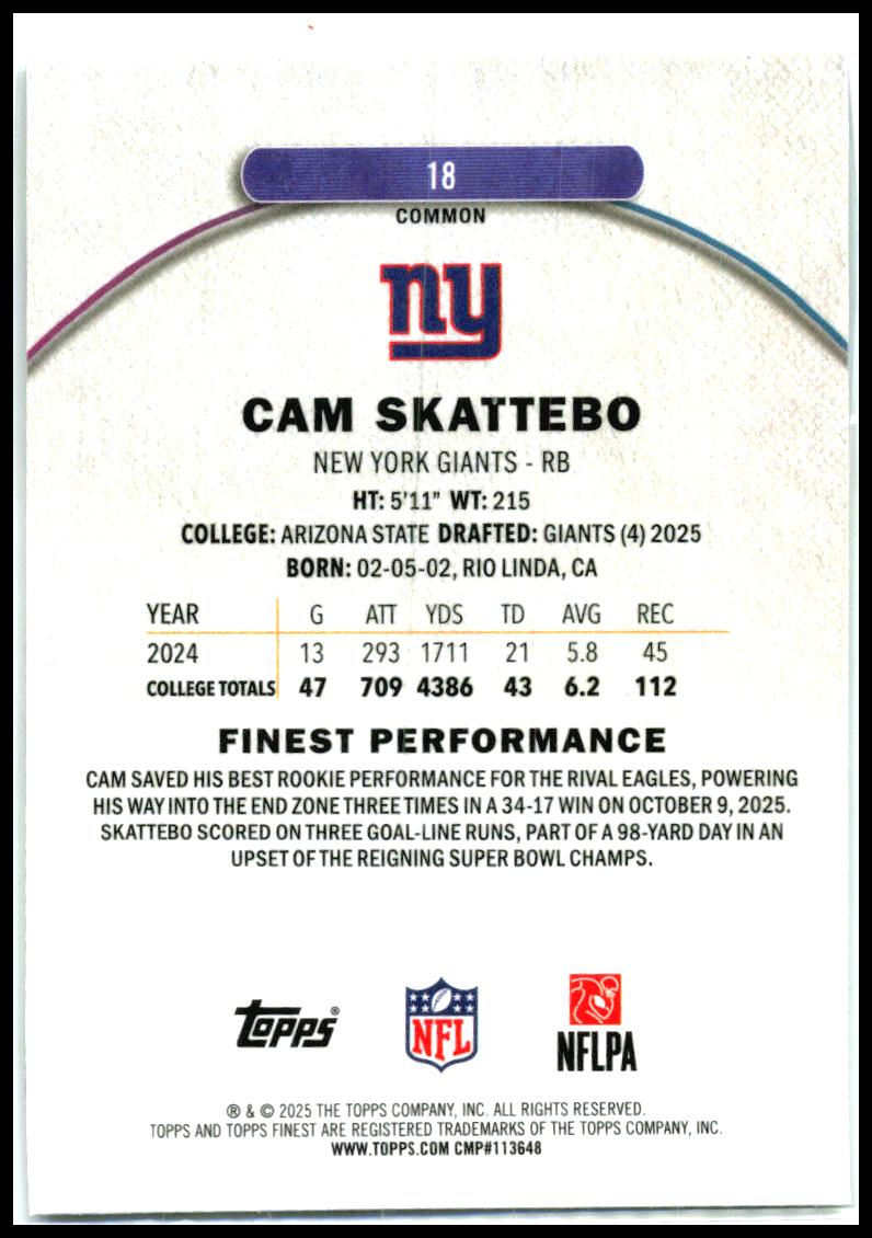 2025 Topps Finest X-Fractor #18 Cam Skattebo Giants