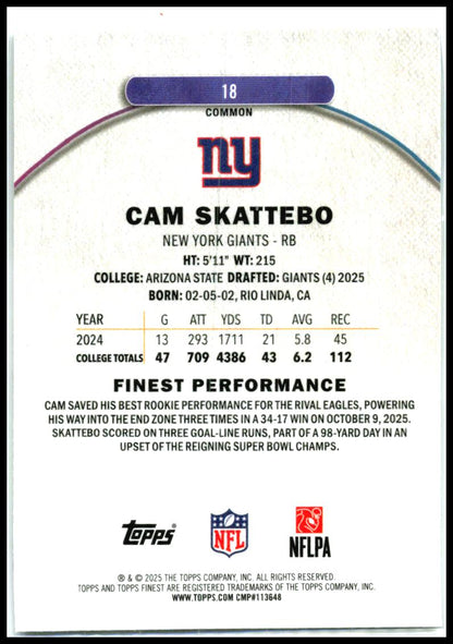 2025 Topps Finest X-Fractor #18 Cam Skattebo Giants