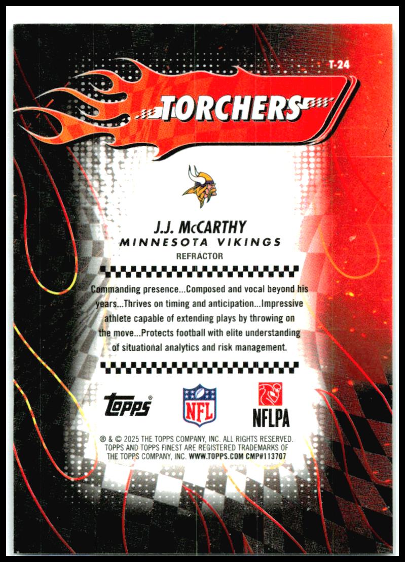 2025 Finest Torchers Refractor #T-24 J.J. McCarthy Minnesota Vikings