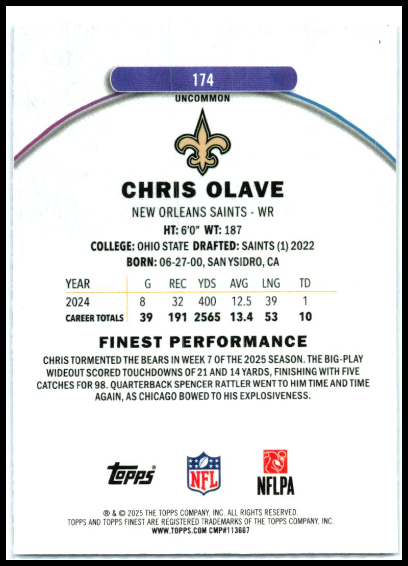 2025 Finest Blue Refractor #174 Chris Olave #/150 New Orleans Saints