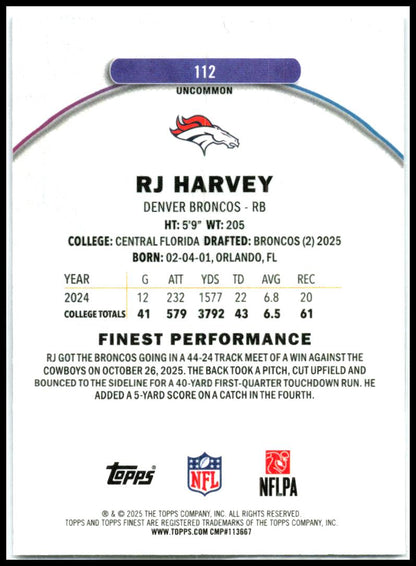 2025 Finest Purple Refractor #112 RJ Harvey Rookie #/200 Denver Broncos