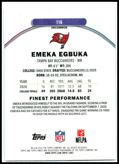 2025 Finest #116 Emeka Egbuka Rookie Tampa Bay Buccaneers