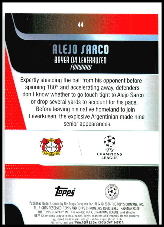 2025-26 Topps Chrome UEFA Club #44 Alejo Sarco Rookie Leverkusen
