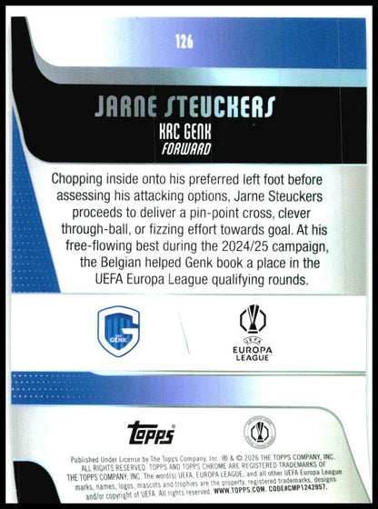 2025-26 Topps Chrome UEFA Club Prism #126 Jarne Steuckers Rookie Genk