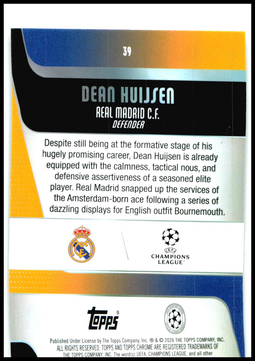 2025-26 Topps Chrome UEFA Club Prism #39 Dean Huijsen Real Madrid CF