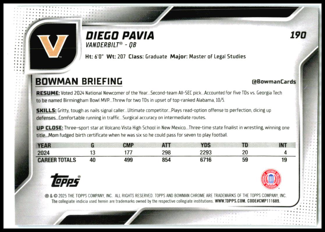 2025 Bowman University Chrome Blue Mini-Diamond Refractor #190 Diego Pavia