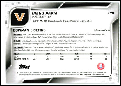2025 Bowman University Chrome Blue Mini-Diamond Refractor #190 Diego Pavia