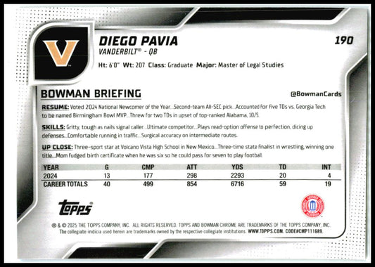 2025 Bowman University Chrome Blue Mini-Diamond Refractor #190 Diego Pavia