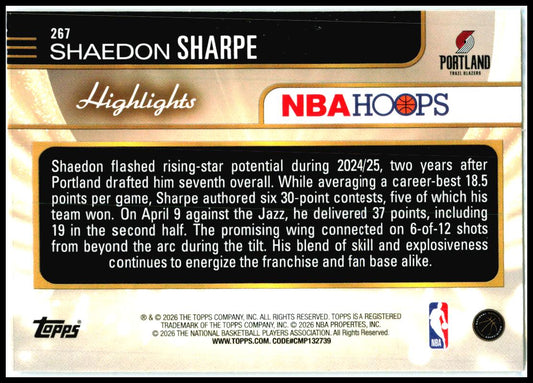2025-26 Hoops #267 Shaedon Sharpe Portland Trail Blazers