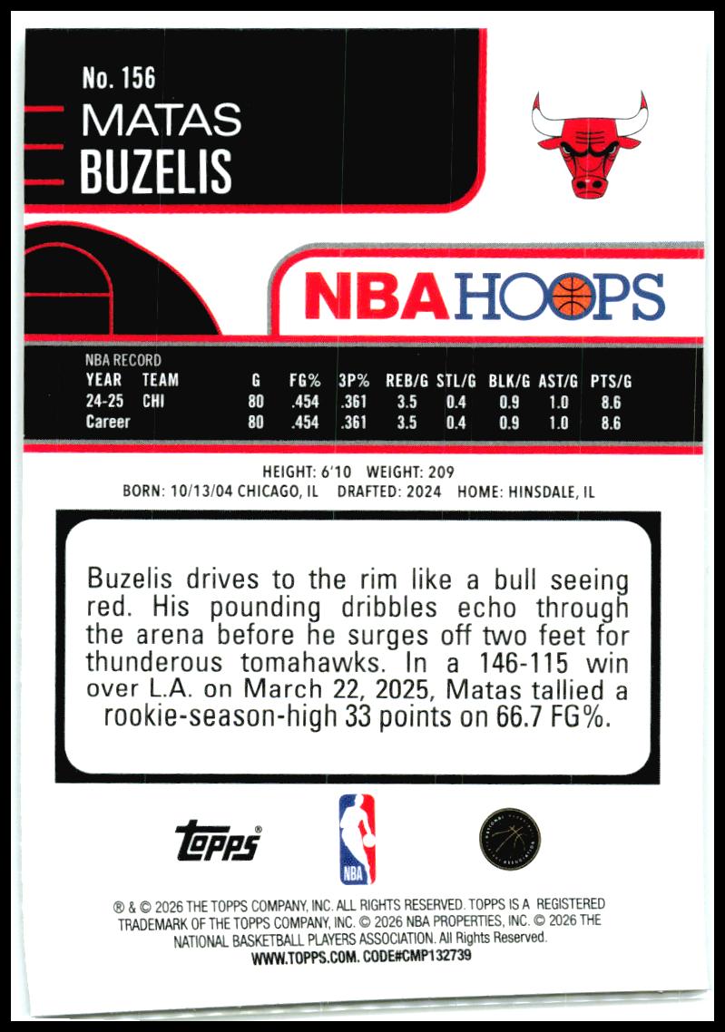 2025-26 Hoops Sandglitter #156 Matas Buzelis Chicago Bulls