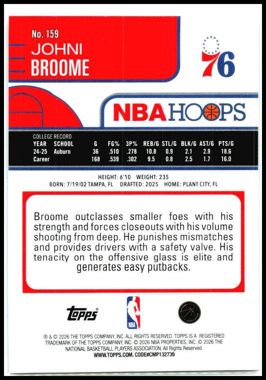 2025-26 Hoops Light Burst #159 Johni Broome Rookie Philadelphia 76ers