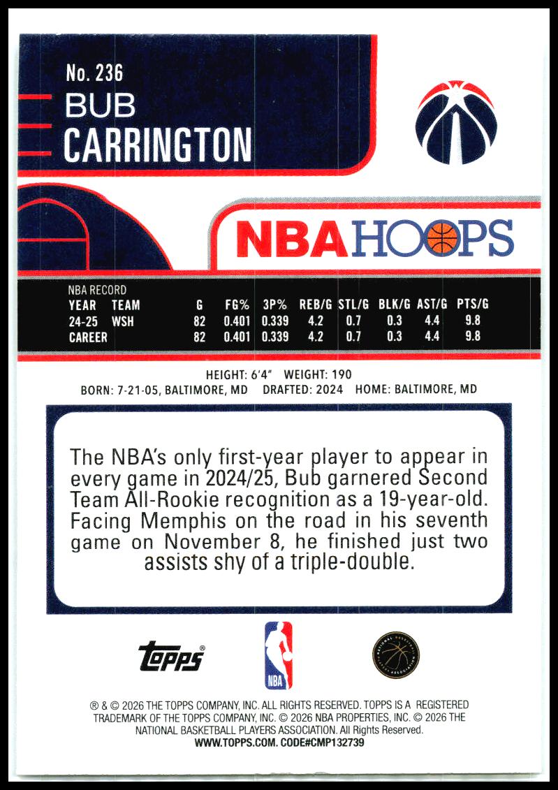 2025-26 Hoops Sandglitter #236 Bub Carrington Washington Wizards