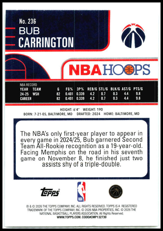 2025-26 Hoops Sandglitter #236 Bub Carrington Washington Wizards