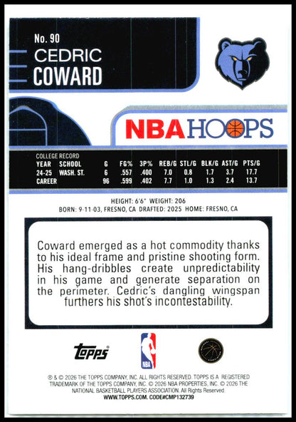 2025-26 Hoops Sandglitter #90 Cedric Coward Rookie Memphis Grizzlies