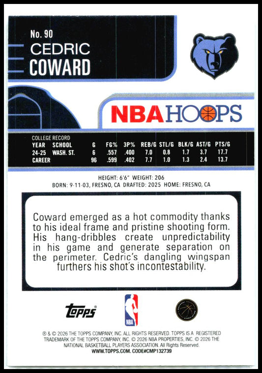 2025-26 Hoops Sandglitter #90 Cedric Coward Rookie Memphis Grizzlies