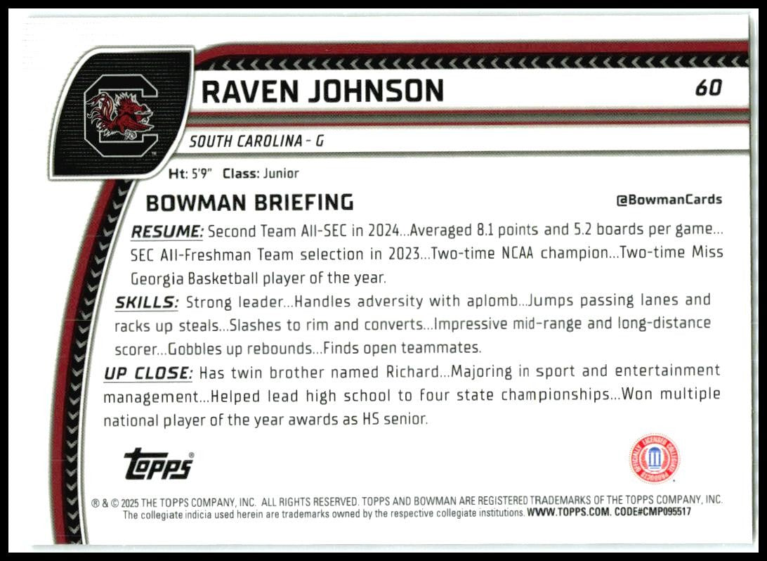 2024-25 Bowman University Chrome Black Wave #60 Raven Johnson Gamecocks