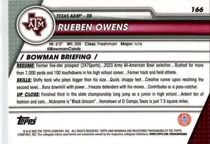 2023 Bowman University Chrome #166 Rueben Owens Texas A&M Aggies